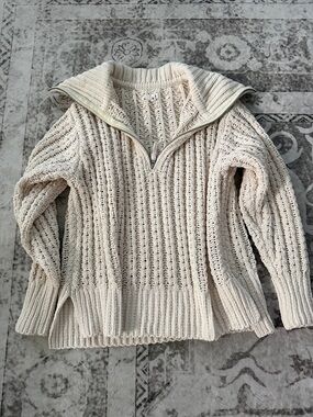 aerie Cream Cable Knit Half-Zip Funnel Sweater
